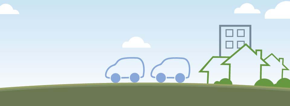 Illustration of two cars, three houses and a building