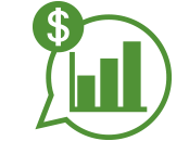 Green icon of a talk bubble with a bar graph and a dollar sign inside it