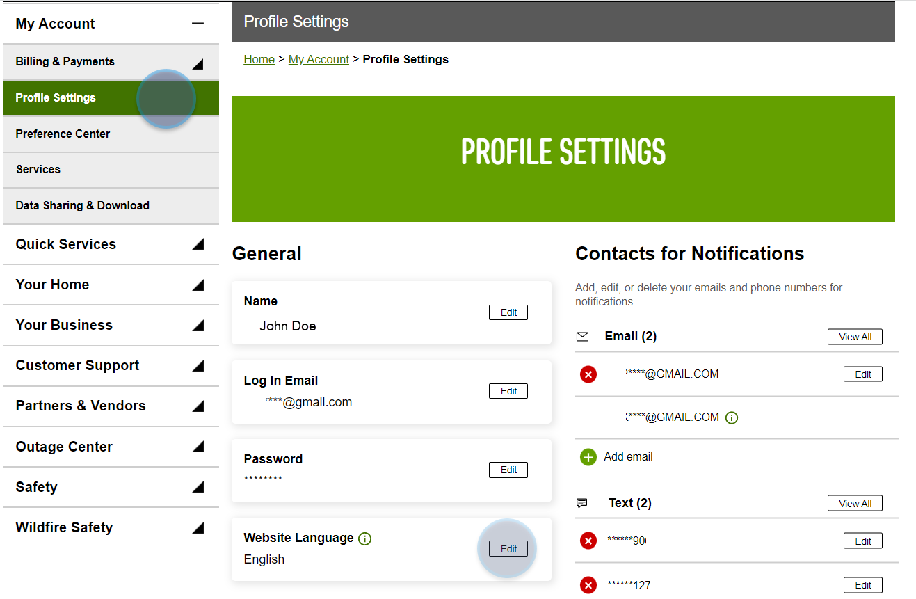 Profile settings page on my account dashboard