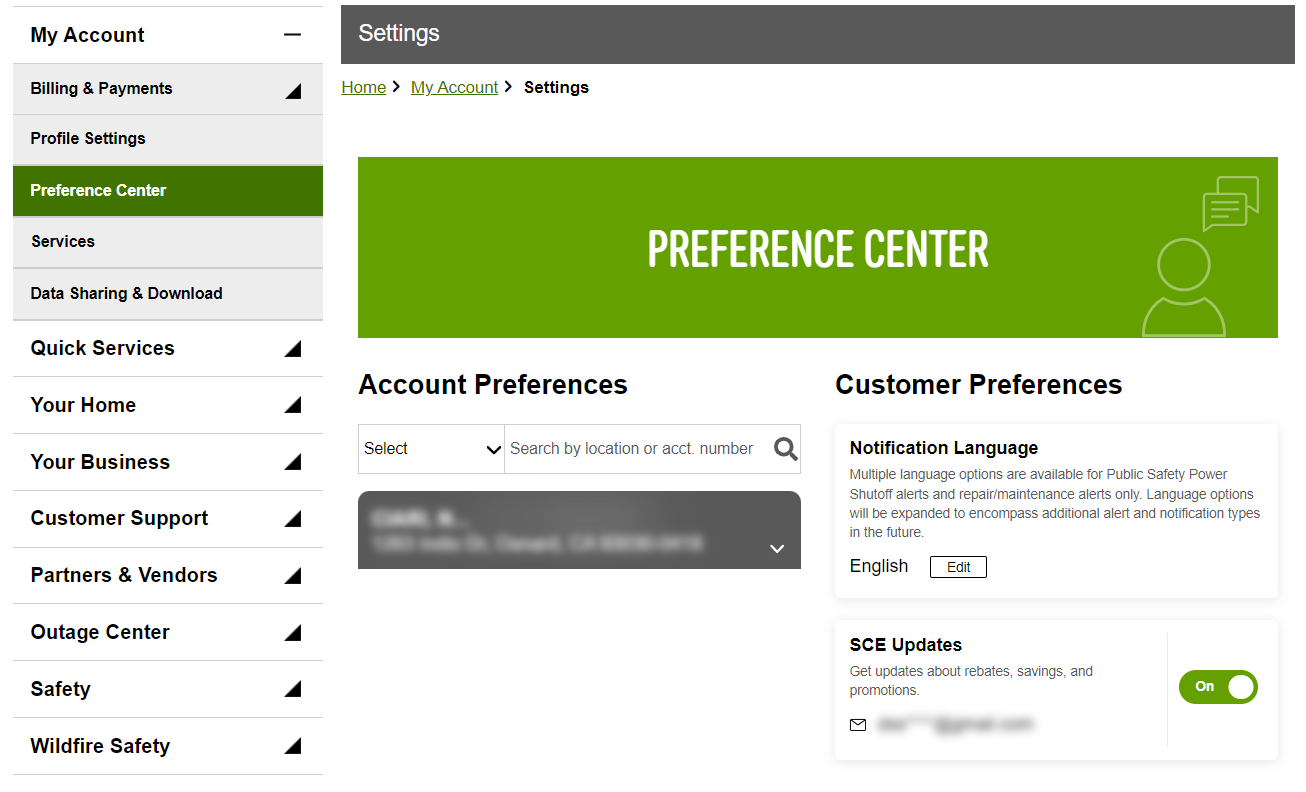 Preference center page on my account dashboard