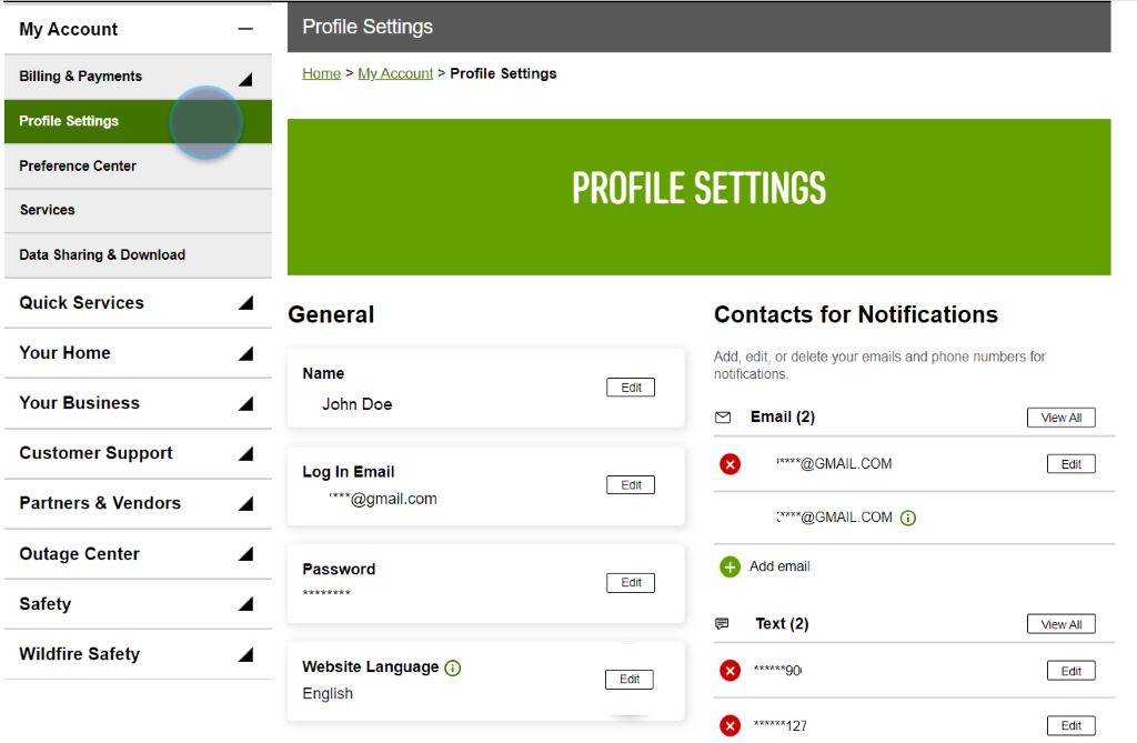 Profile settings page in My Account