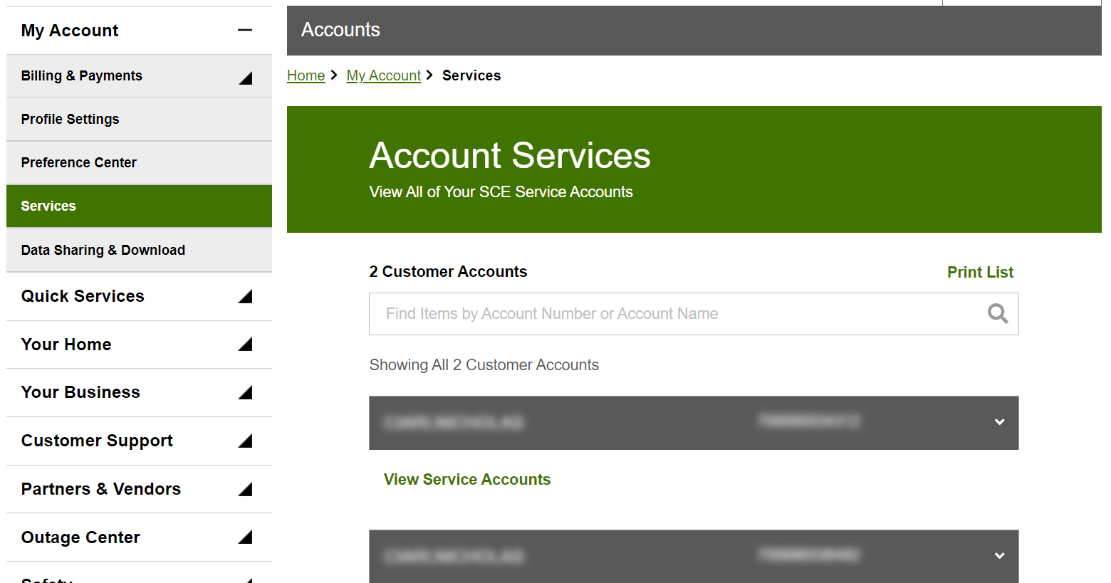 services section on my account dashboard