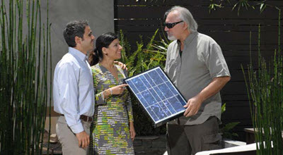solar salesman and couple outdoors