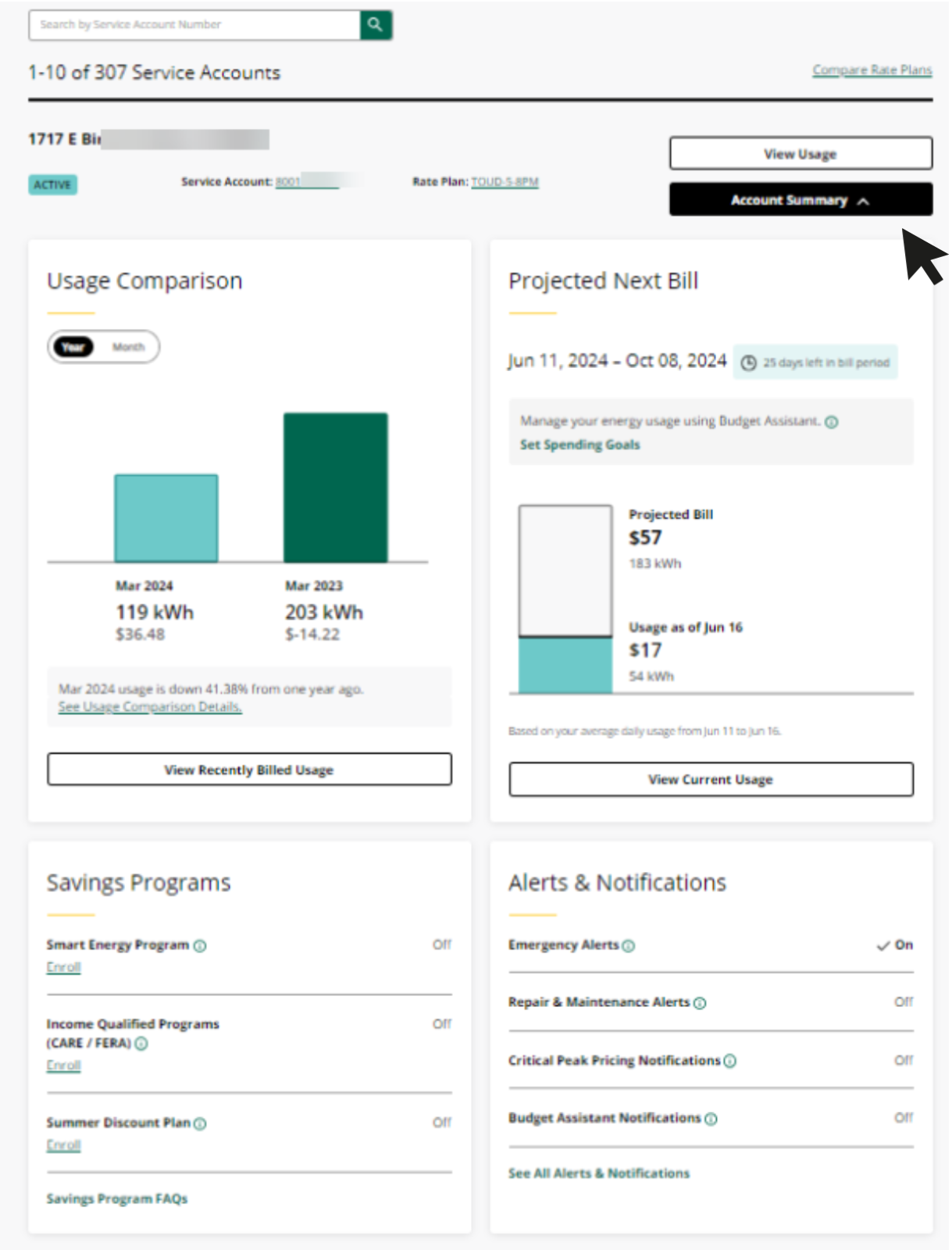 screenshot of Account Summary button above projected next bill