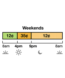 Winter rates apply October through May. TOU-D-4-9PM weekday and weekend rate has Super Off-Peak, Mid-Peak and Off-Peak pricing. Super Off-Peak is 17¢ from 8 a.m. to 4 p.m. Mid-Peak is 29c from 4 p.m. to 9 pm. Off-Peak is 28¢ from 9 p.m. to 8 a.m. 